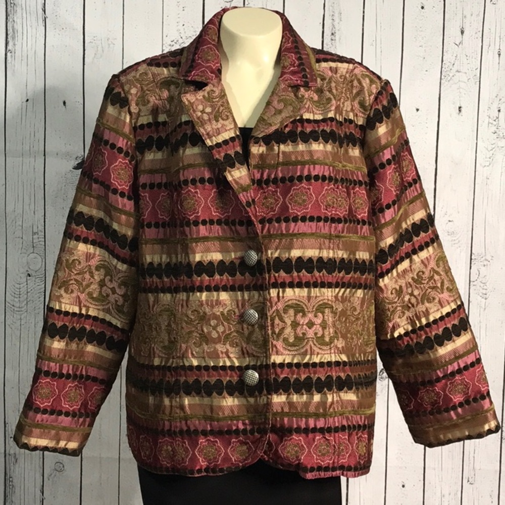 Erin London jacket 3 decorative button front tapestry style inside lined